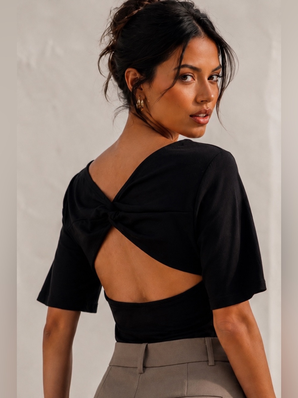 Worthington Black Ribbed Peekaboo Open-Back Knit Top Elbow Sleeve - Size S - NWT